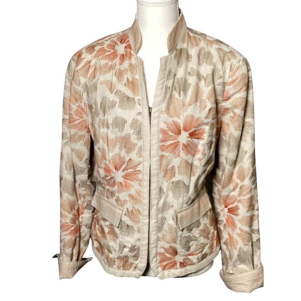 Coldwater Creek Linen Cotton Floral Zip Jacket Scarf Size 14 Cream Rust Boho